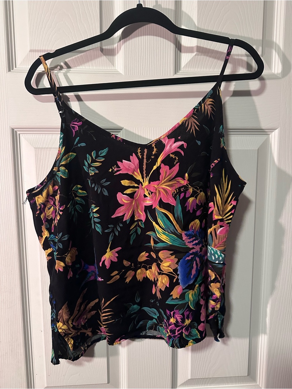 Floral V-Neck Spaghetti Strap Tank Top - Black with Pink & Teal Floral